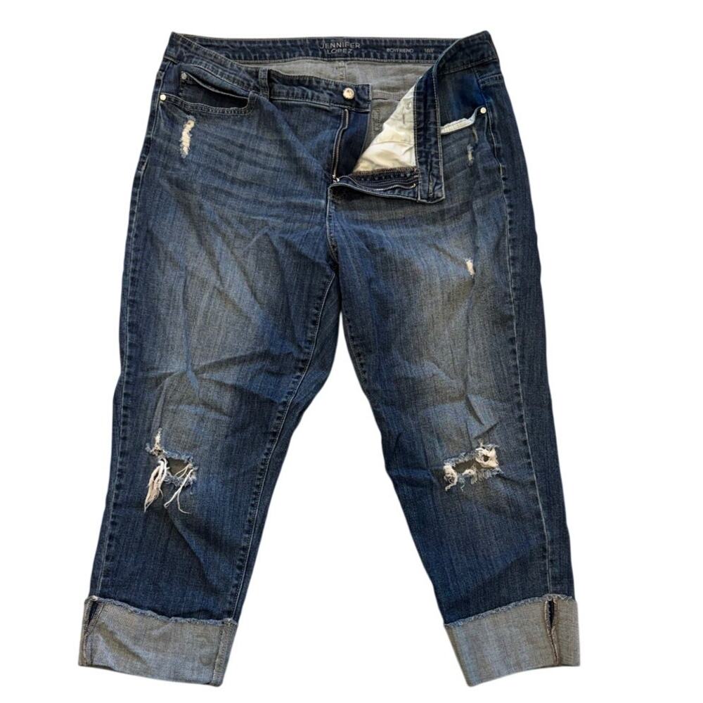 Jeans Boyfriend 16W Jennifer Lopez Cuffed Distressed Blue Plus Preowned